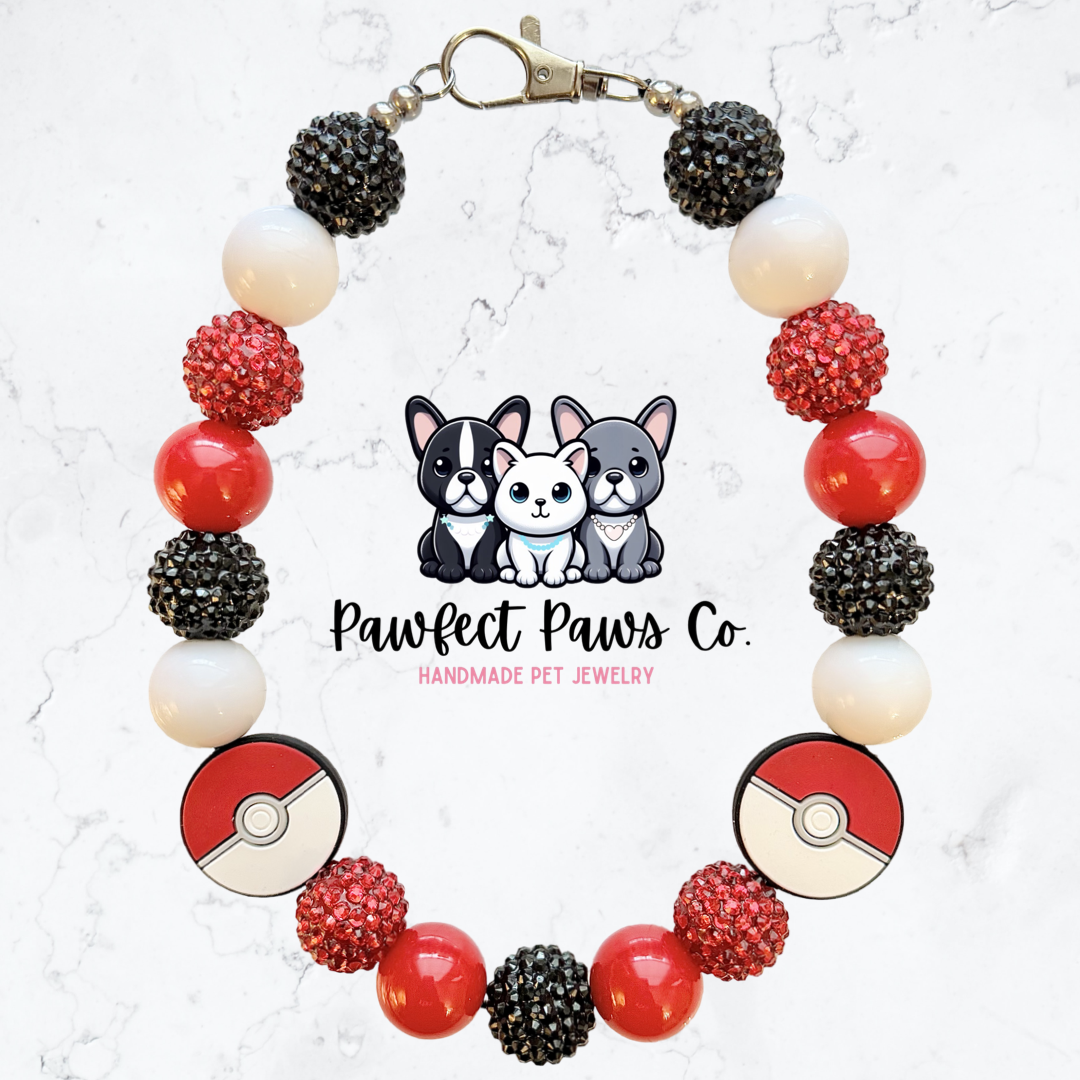 Catch ‘Em All* White, Red & Black Sparkle Pokemon Custom Beaded Dog/Cat Necklace!