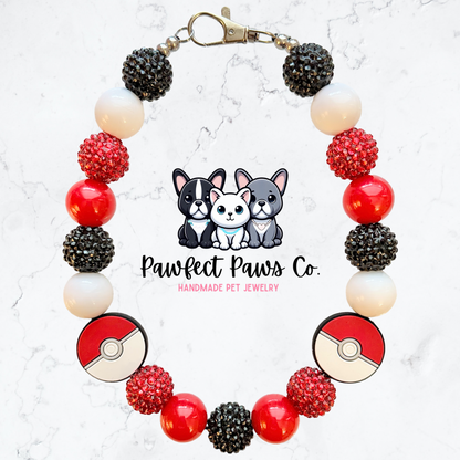 Catch ‘Em All* White, Red & Black Sparkle Pokemon Custom Beaded Dog/Cat Necklace!