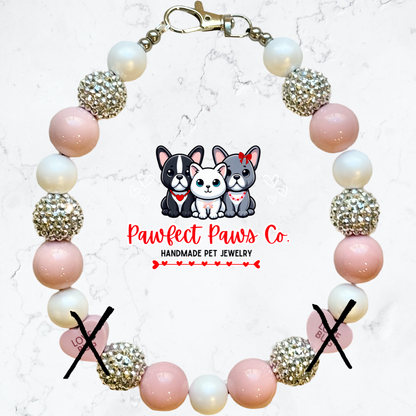 Thank U Next* Pink, White & Silver Sparkle Valentines Day Reversible Convo Heart Custom Beaded Dog/Cat Necklace!