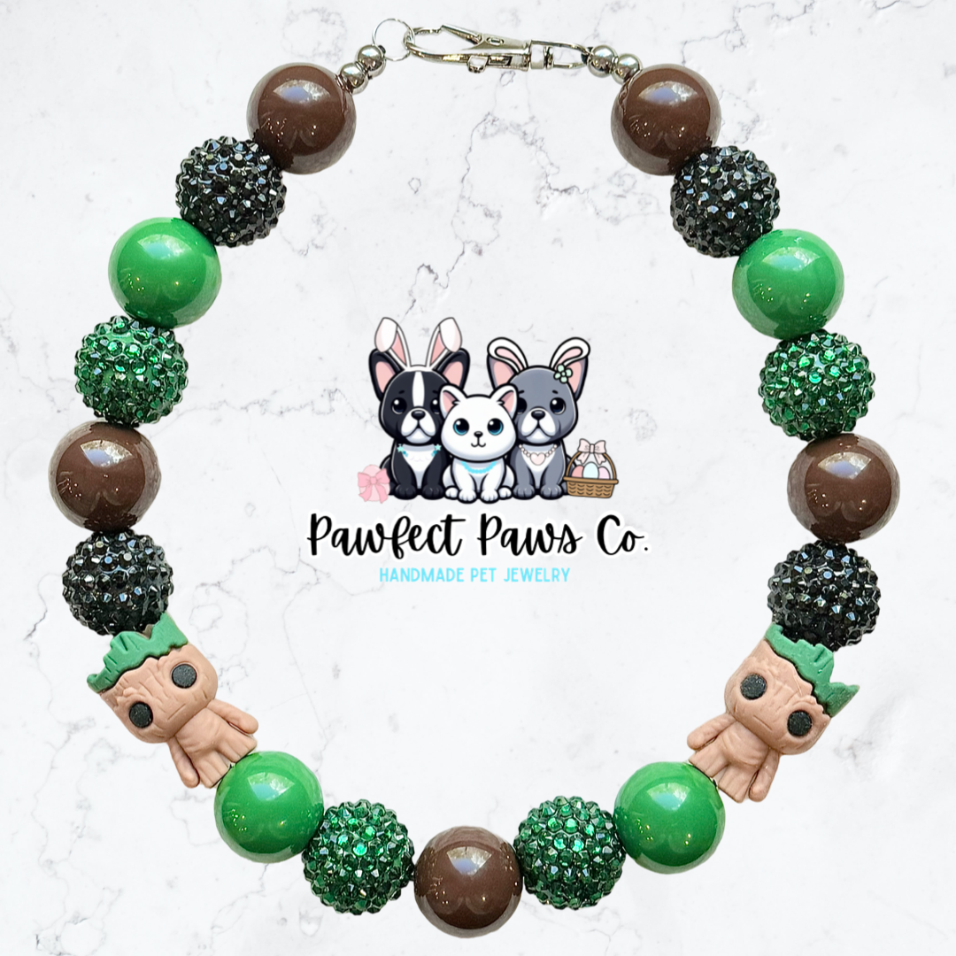 I am Groot* Green, Brown & Black Sparkle Butterfly Custom Beaded Dog/Cat Necklace!