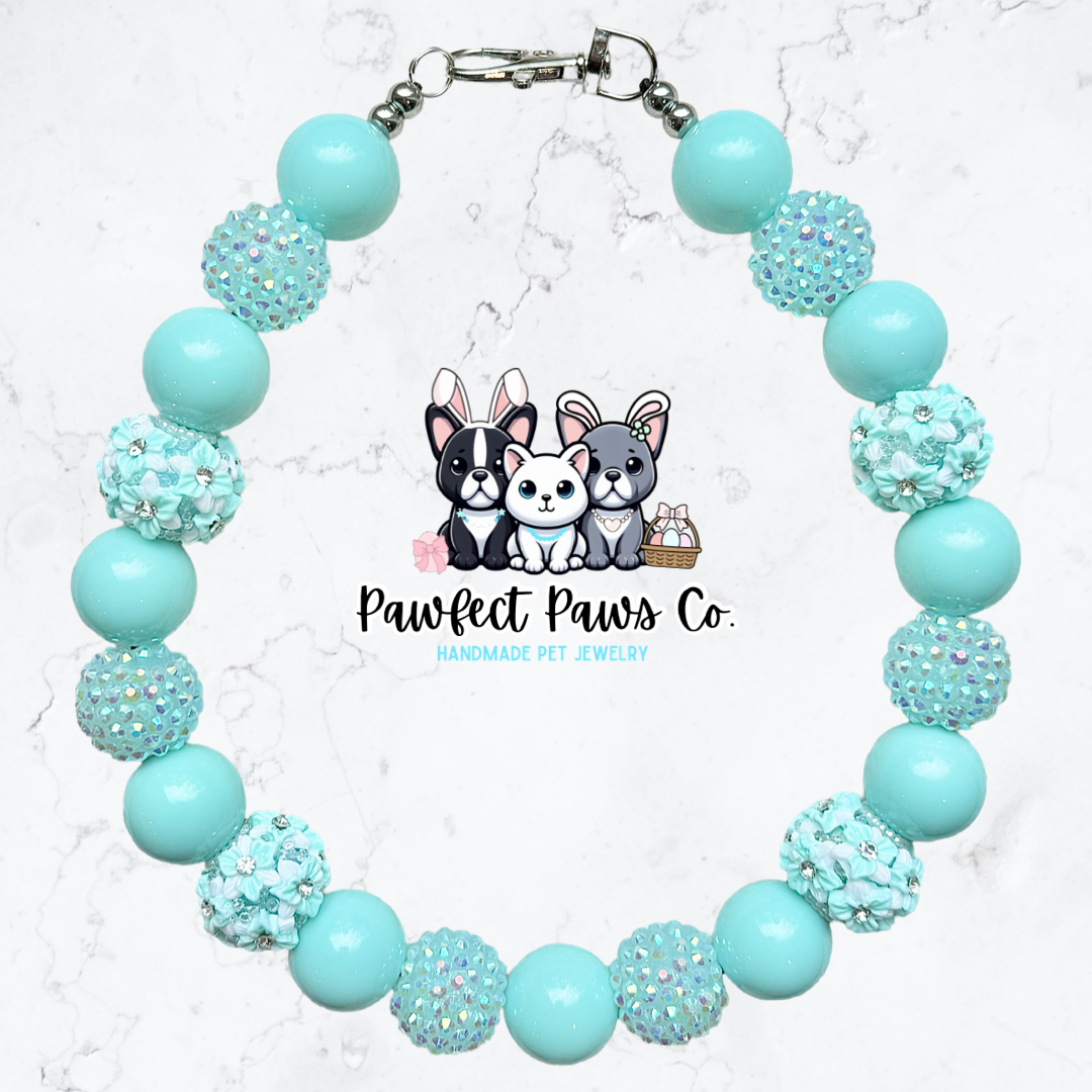 Aqua Flora* Luxury Pastel Teal Sparkle Spring Custom Beaded Dog/Cat Collar Necklace!