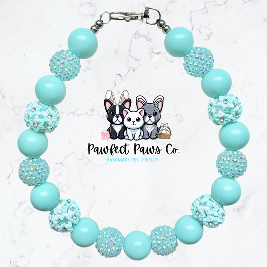 Aqua Flora* Luxury Pastel Teal Sparkle Spring Custom Beaded Dog/Cat Collar Necklace!