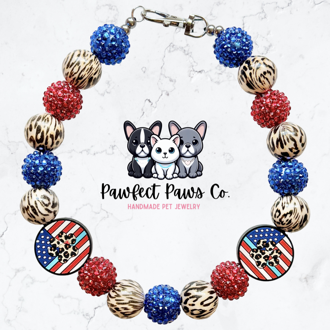 Wild Pawtriot* Red, White & Blue Leopard Sparkle Patriotic Beaded Dog/Cat Necklace!