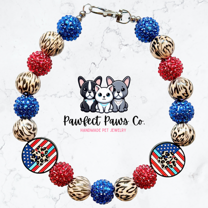 Wild Pawtriot* Red, White & Blue Leopard Sparkle Patriotic Beaded Dog/Cat Necklace!