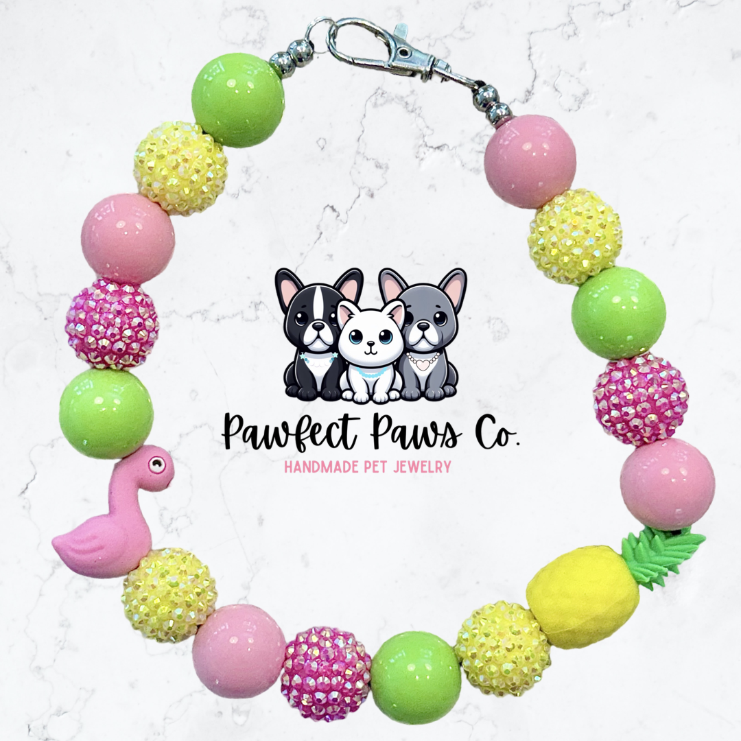 Keep Calm, Float On* Pink, Yellow & Green Sparkle Pineapple Pool Float Custom Beaded Dog/Cat Necklace! Collab with @IsleDesignsNY!