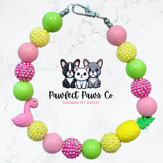 Keep Calm, Float On* Pink, Yellow & Green Sparkle Pineapple Pool Float Custom Beaded Dog/Cat Necklace! Collab with @IsleDesignsNY!