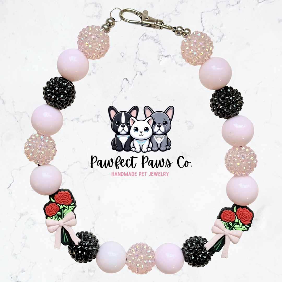 Sweet Roses* Pink & Black Sparkle Valentines Day Custom Beaded Dog/Cat Necklace!