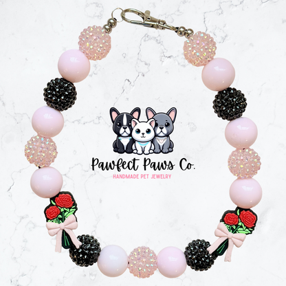Sweet Roses* Pink & Black Sparkle Valentines Day Custom Beaded Dog/Cat Necklace!