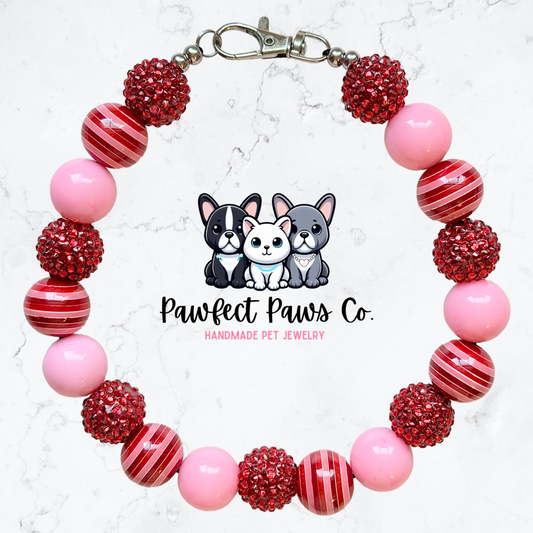 Stripes & Kisses* Red & Pink Sparkle Valentines Day Custom Beaded Dog/Cat Necklace!