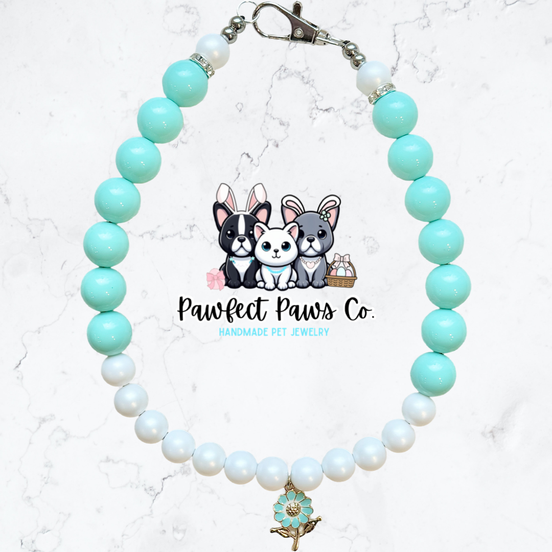Teal Blooms* Teal & Pearl Flower Spring Custom Beaded Dog/Cat Collar Necklace
