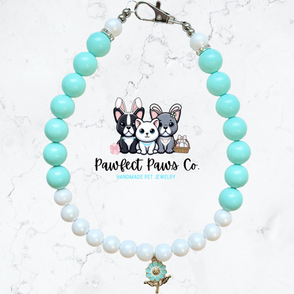Teal Blooms* Teal & Pearl Flower Spring Custom Beaded Dog/Cat Collar Necklace