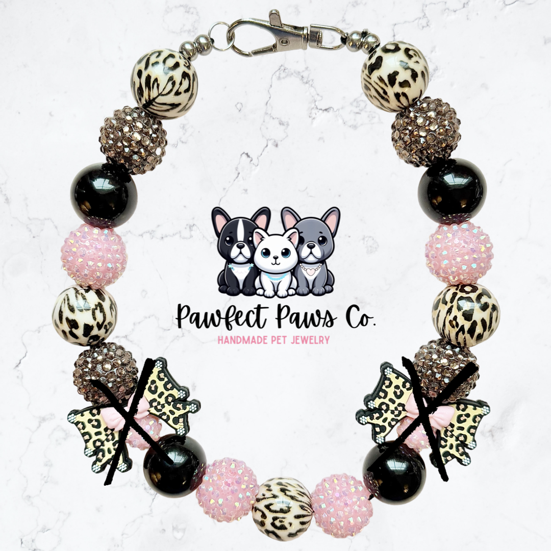 Wild Girly* Pink, Black & Brown Sparkle Leopard Bow Valentines Day Custom Beaded Dog/Cat Necklace!
