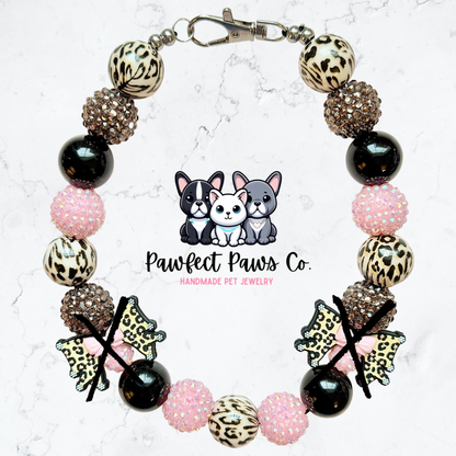 Wild Girly* Pink, Black & Brown Sparkle Leopard Bow Valentines Day Custom Beaded Dog/Cat Necklace!