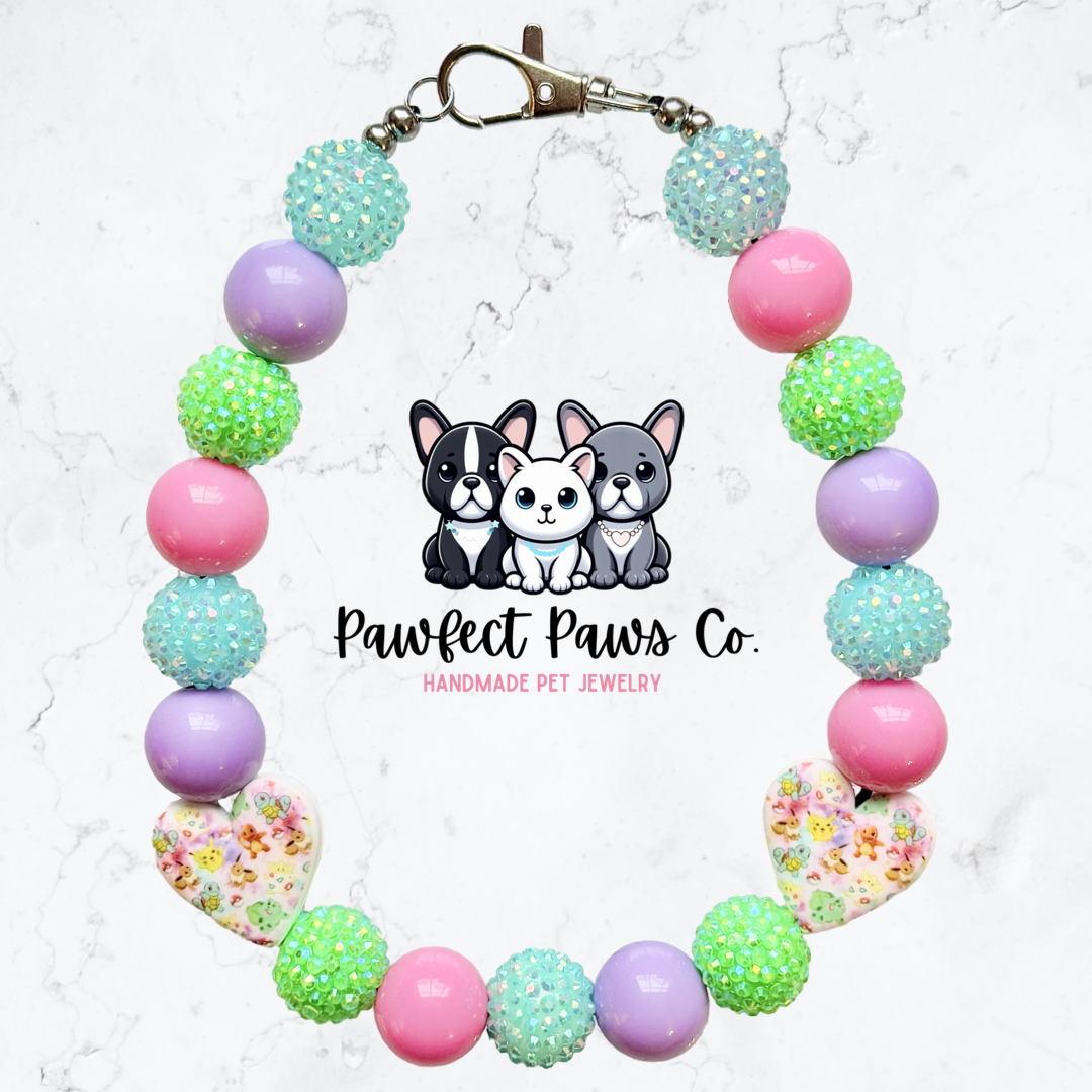 Pastel Pokemon* Pink, Blue, Green & Purple Sparkle Custom Beaded Dog/Cat Necklace!