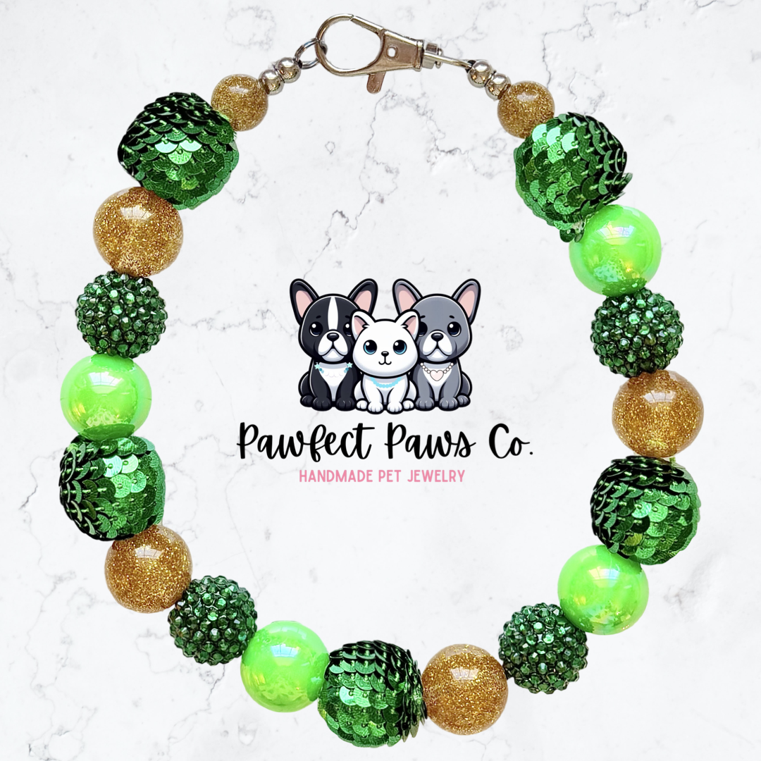 Sequins & Shamrocks* Green & Gold Sparkle St. Patrick’s Day Custom Beaded Dog/Cat Collar Necklace!