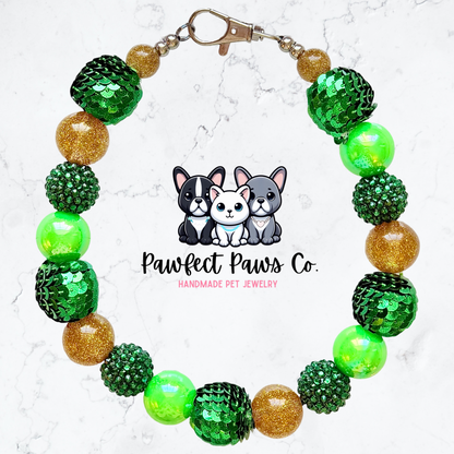 Sequins & Shamrocks* Green & Gold Sparkle St. Patrick’s Day Custom Beaded Dog/Cat Collar Necklace!