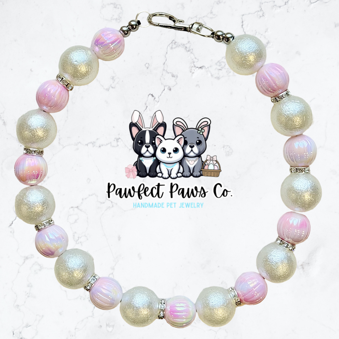 Elegant Eggshell* Pink & White Sparkle Easter/Spring Custom Beaded Dog/Cat Collar Necklace!
