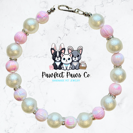 Elegant Eggshell* Pink & White Sparkle Easter/Spring Custom Beaded Dog/Cat Collar Necklace!