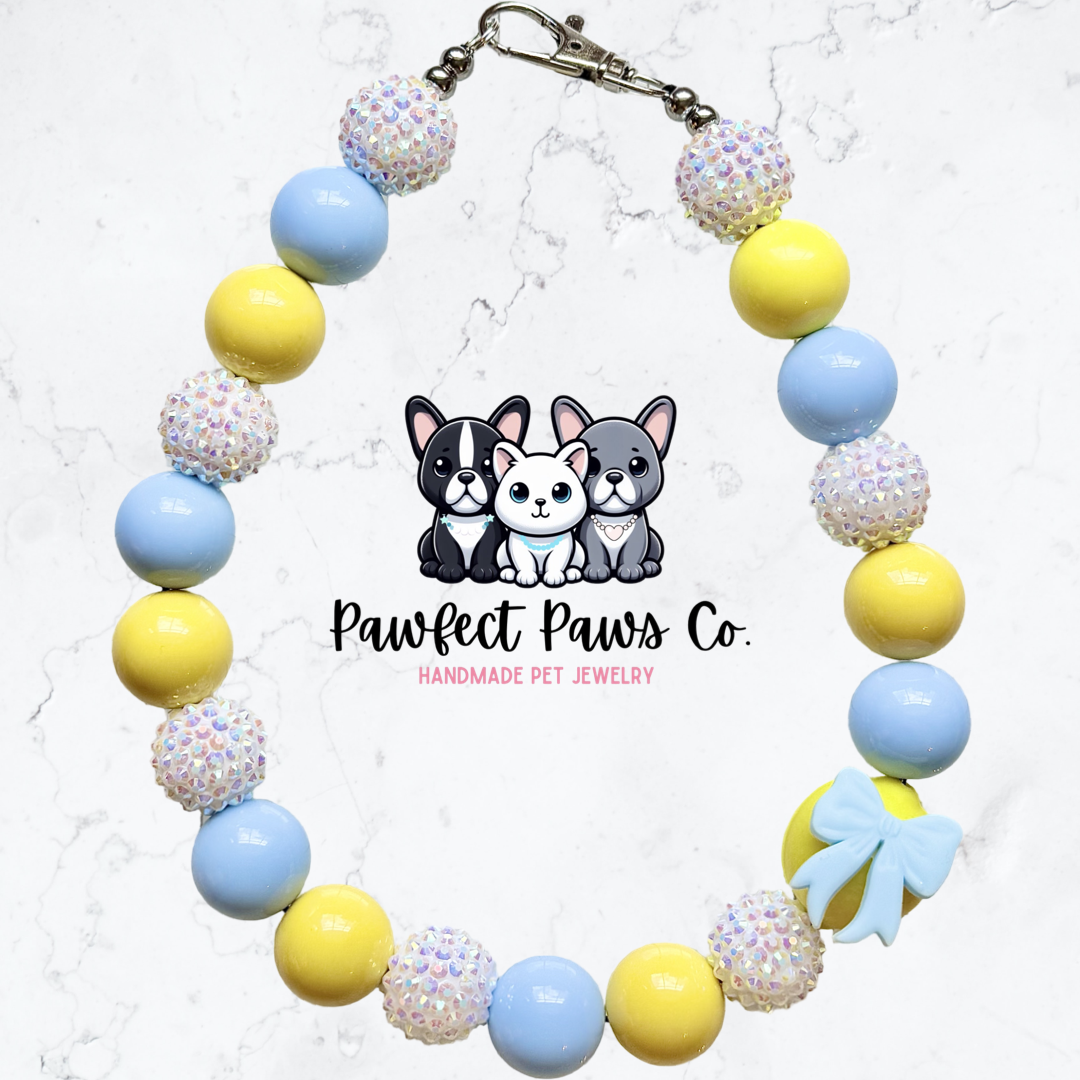 Lovely Lemon* Yellow & Blue Sparkle Coquette Fruit Custom Beaded Dog/Cat Necklace!