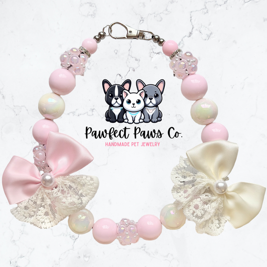 Coquette Couture* Ivory & Pink Bow Luxury Sparkle Custom Beaded Dog/Cat Collar Necklace!