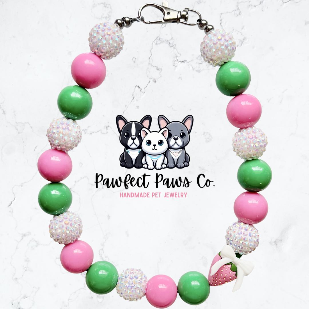 Berry Lovely* Pink, Green & White Sparkle Coquette Fruit Custom Beaded Dog/Cat Necklace!