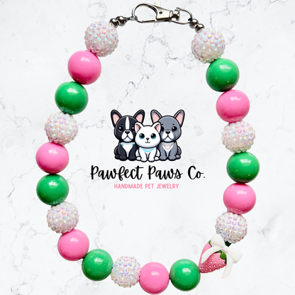 Berry Lovely* Pink, Green & White Sparkle Coquette Fruit Custom Beaded Dog/Cat Necklace!
