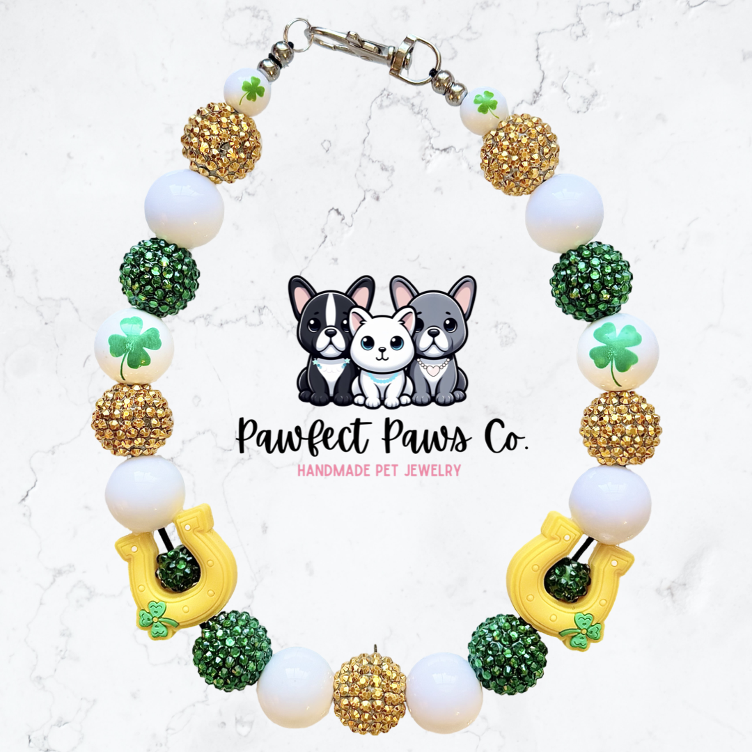 Lucky Charm* Green & Gold Sparkle St. Patrick’s Day Custom Beaded Dog/Cat Necklace!