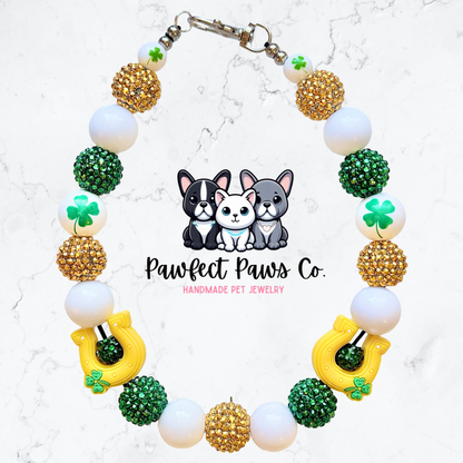 Lucky Charm* Green & Gold Sparkle St. Patrick’s Day Custom Beaded Dog/Cat Necklace!
