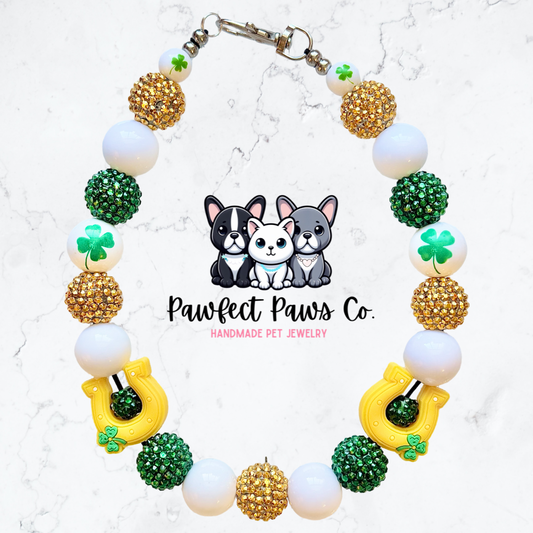 Lucky Charm* Green & Gold Sparkle St. Patrick’s Day Custom Beaded Dog/Cat Necklace!