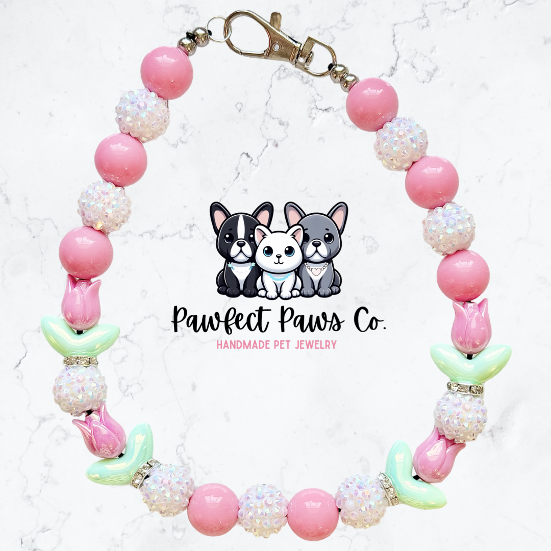 Blooming Beauty* Pink & White Sparkle Tulip Custom Beaded Dog/Cat Necklace!