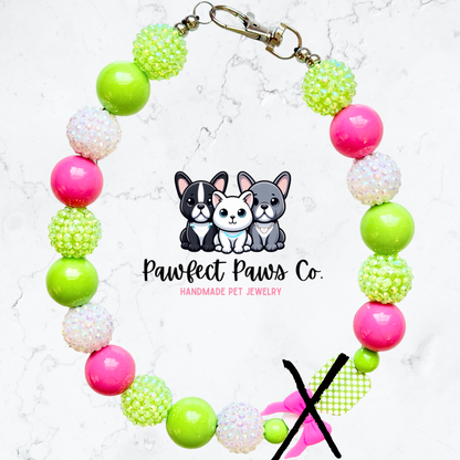 Cutie on the Court* Pink & Green Sparkle Pickleball Paddle Custom Beaded Dog/Cat Necklace!
