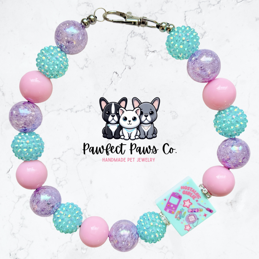 90’s Baby* Pink & Purple Sparkle Nostalgia Valentines Day Custom Beaded Dog/Cat Necklace!