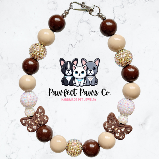 Boujee Butterfly* Brown, White & Gold Sparkle Custom Beaded Dog/Cat Necklace!