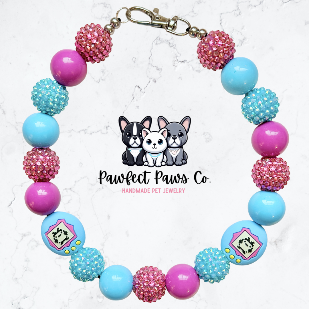 Pocket Pet* Pink & Blue Sparkle Tamagotchi Custom Beaded Dog/Cat Necklace!