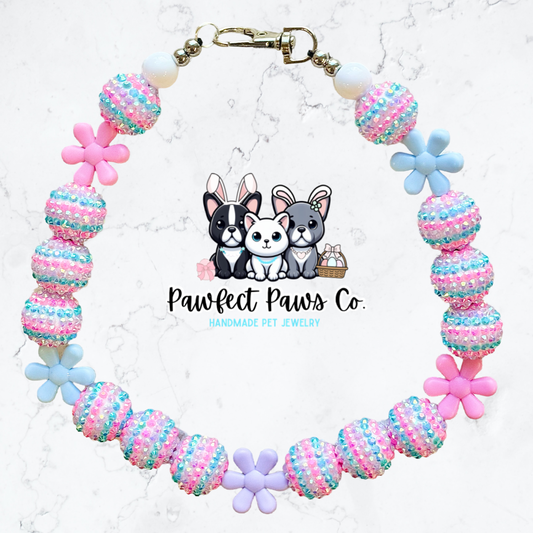Blossom & Bling* Blue, Purple & Pink Luxury Sparkle Flowers Easter/Spring Custom Beaded Dog/Cat Necklace!
