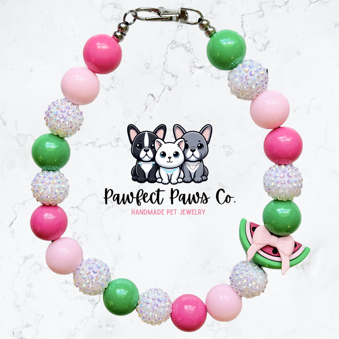 Miss Melon* Pink & Green Sparkle Coquette Fruit Custom Beaded Dog/Cat Necklace!