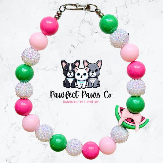 Miss Melon* Pink & Green Sparkle Coquette Fruit Custom Beaded Dog/Cat Necklace!