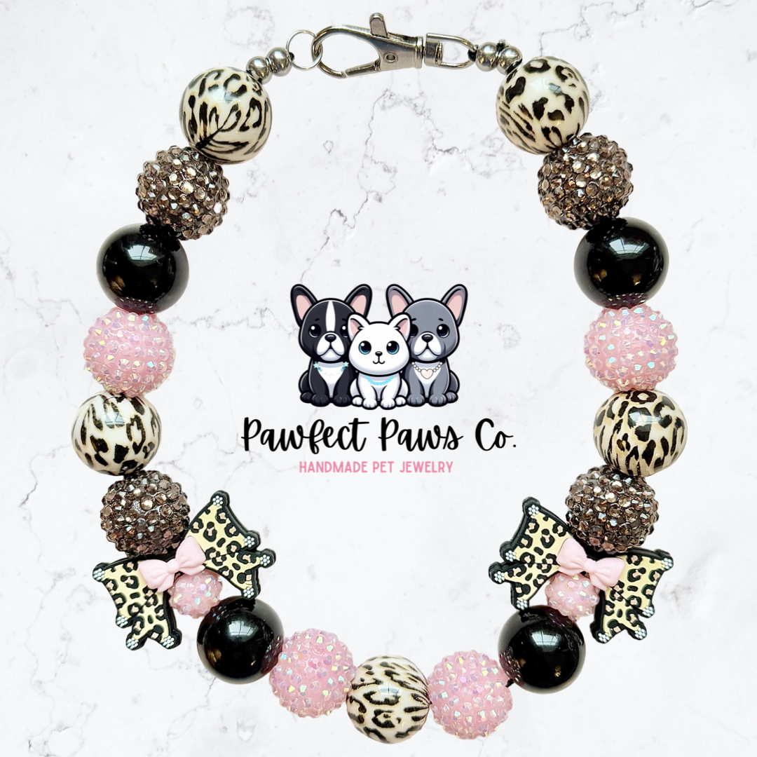 Wild Girly* Pink, Black & Brown Sparkle Leopard Bow Valentines Day Custom Beaded Dog/Cat Necklace!