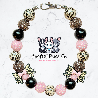 Wild Girly* Pink, Black & Brown Sparkle Leopard Bow Valentines Day Custom Beaded Dog/Cat Necklace!