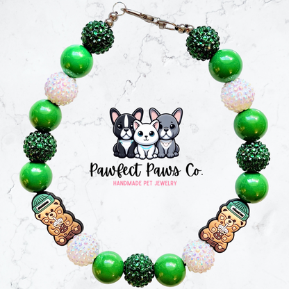 Bearista* Green & White Sparkle Starbies Coffee Custom Beaded Dog/Cat Necklace!