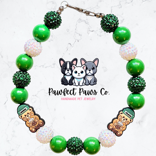 Bearista* Green & White Sparkle Starbies Coffee Custom Beaded Dog/Cat Necklace!