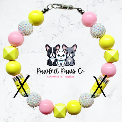 Pencil Me In* Yellow, Pink & White Sparkle Pencil Back to School Custom Beaded Dog/Cat Necklace!