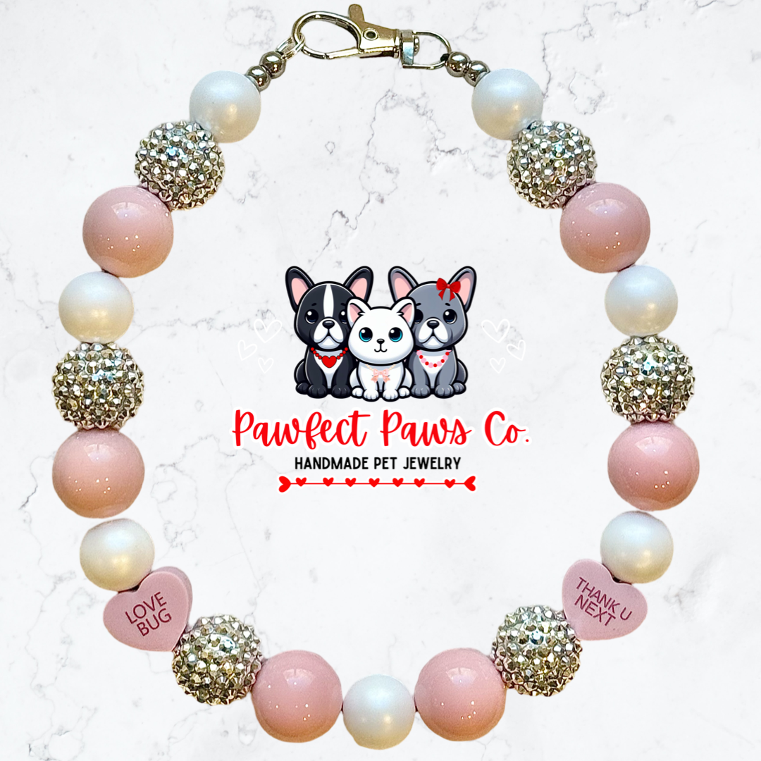 Thank U Next* Pink, White & Silver Sparkle Valentines Day Reversible Convo Heart Custom Beaded Dog/Cat Necklace!