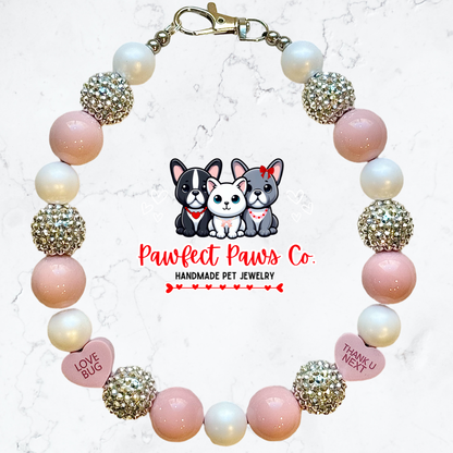 Thank U Next* Pink, White & Silver Sparkle Valentines Day Reversible Convo Heart Custom Beaded Dog/Cat Necklace!