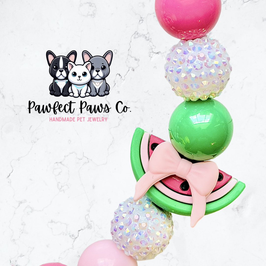 Miss Melon* Pink & Green Sparkle Coquette Fruit Custom Beaded Dog/Cat Necklace!