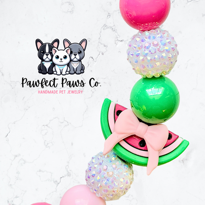 Miss Melon* Pink & Green Sparkle Coquette Fruit Custom Beaded Dog/Cat Necklace!