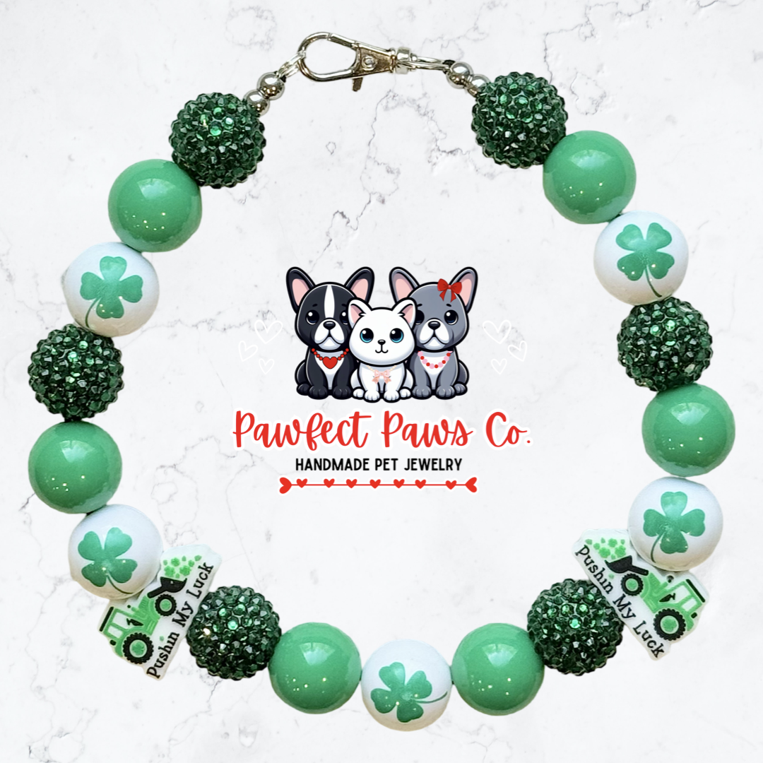 Pushin’ my Luck* Green Sparkle St. Patrick’s Day Custom Beaded Dog/Cat Necklace!