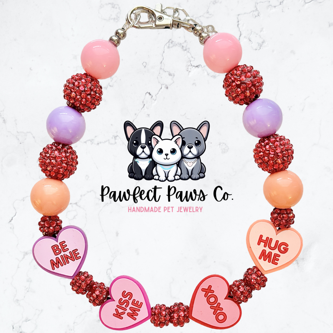 Sweet Talk Me* Pink, Purple & Red Sparkle Conversation Candy Hearts Custom Beaded Dog/Cat Collar Necklace!
