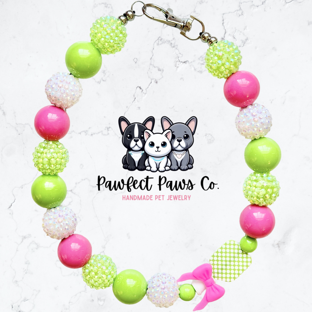 Cutie on the Court* Pink & Green Sparkle Pickleball Paddle Custom Beaded Dog/Cat Necklace!