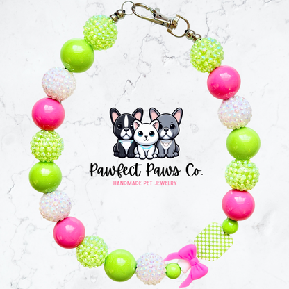 Cutie on the Court* Pink & Green Sparkle Pickleball Paddle Custom Beaded Dog/Cat Necklace!